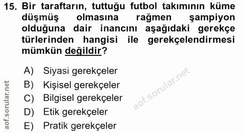 15. soru: Bir taraftarın, tuttuğu futbol takımının küme düşmüş r olmasina rağmen şampıyon olduğuna dair inancını aşağıdaki gere…
