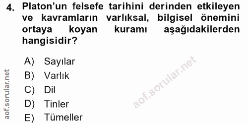 4. soru: Platon'un felsefe tarihini derinden etkileyen ve kavramların varlıksal, bilgisel önemini ortaya koyan kuramı aşağıdak…