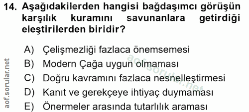 14. soru: Aşağıdakilerden hangisi bağdaşımcı görüşün karşılık kuramını savunanlara getirdiği eleştirilerden biridir? A) Çelişme…