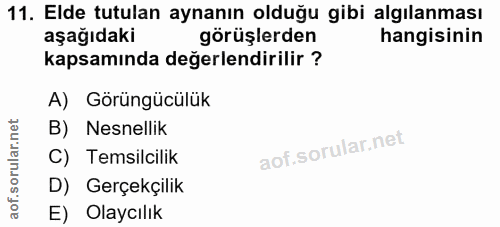 11. soru: Elde tutulan aynanın olduğu gibi algılanması aşağıdaki görüşlerden hangisinin kapsamında değerlendirilir ? A) Görüngü…