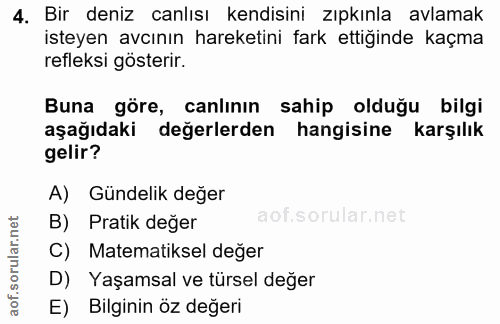 4. soru: Bir deniz canlısı kendisini zıpkınla avlamak isteyen avcının hareketini fark ettığinde kaçma refleksi gösterir. Buna…