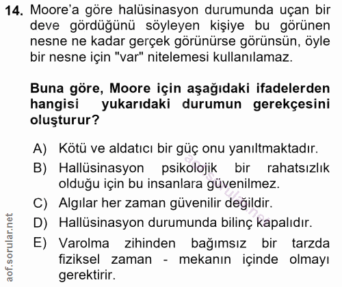 14. soru: Moore'a göre halüsinasyon durumunda uçan bir deve gördüğünü söyleyen kişiye bu görünen nesne ne kadar gerçek görünürs…