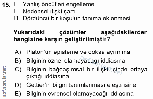 15. soru: I. Yanlış öncülleri engelleme Il. Nedensel ilişki şartı IlI. Dördüncü bir koşulun tanıma eklenmesi Yukarıdaki çözümle…