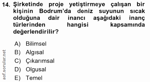 14. soru: Şirketinde proje yetiştirmeye çalışan bir kişinin Bodrum'da deniz suyunun sıcak olduğuna dair inancı aşağıdaki inanç…