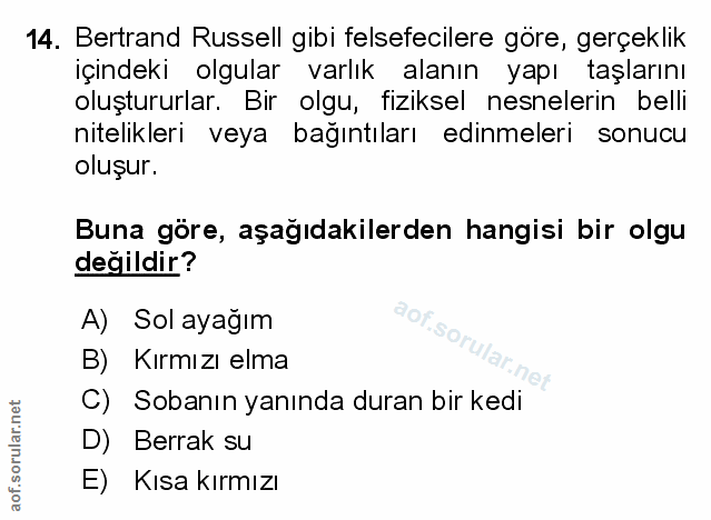 14. soru: Bertrand Russell gibi felsefecilere göre, gerçeklik içindeki olgular varlık alanın yapı taşlarını oluştururlar. Bir o…