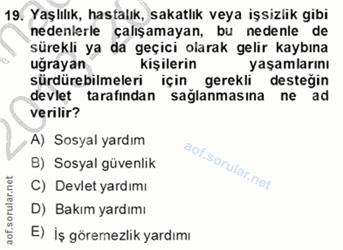 19. soru: Yaşlılık, hastalık, sakatlık veya işsizlik gibi nedenlerle çalışamayan, bu nedenle de sürekli ya da geçici olarak gel…