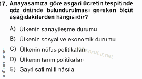17. soru: Anayasamıza göre asgari ücretin tespitinde göz önünde bulundurulması gereken ölçüt aşağıdakilerden hangisidir? A) Ülk…