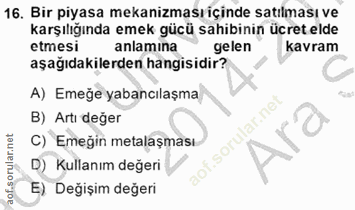 16. soru: Bir piyasa mekanizmasriçinde satılması ve karşılığında emek gücü sahibinin ücret elde etmesi anlamına gelen kavram aş…