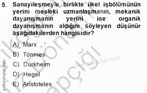 5. soru: Sanayileşmeyle birlikte ilkel işbölümünün yerini mesleki uzmanlaşmanın, mekanik dayanışmanın yerini ise organik dayan…
