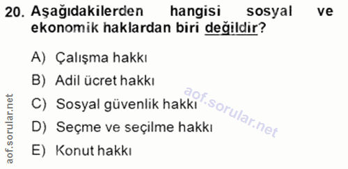 20. soru: Aşağıdakilerden hangisi sosyal ve ekonomik haklardan biri değildir? A) Çalışma hakkı B) Adil ücret hakkı C) Sosyal gü…