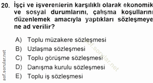 20. soru: Işçi ve işverenlerin karşılıklı olarak ekonomik ve sosyai durumlarını, çalışma koşulların düzenlemek amacıyla yaptıkl…