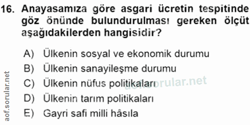 16. soru: Anayasamıza göre asgari ücretin tespitinde göz önünde bulundurulması gereken ölçüt aşağıdakilerden hangisidir? A) Ulk…