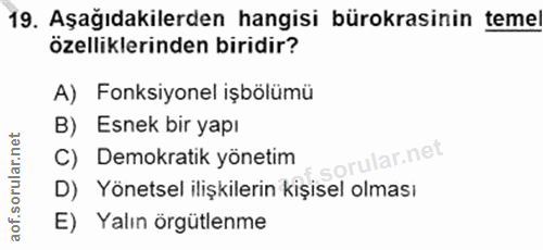 19. soru: Aşağıdakilerden hangisi bürokrasinin teme özelliklerinden biridir? A) Fonksiyonel işbölümü B) Esnek bir yapı C) Demok…