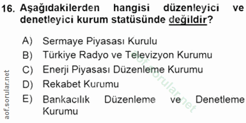 16. soru: Aşağıdakilerden hangisi düzenleyici ve denetleyici kurum statüsünde değildir? A) Sermaye Piyasası Kurulu B) Türkiye R…