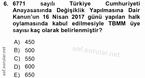 6. soru: 6771 sayılı Türkiye Cumhuriyeti Anayasasında Değişiklik Yapılmasına Dair Kanun'un 16 Nisan 2017 günü yapılan halk oyl…