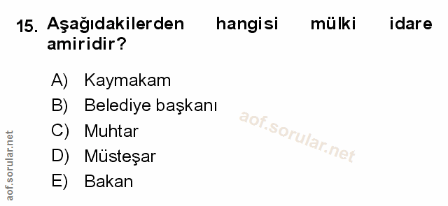 15. soru: Aşağıdakilerden hangisi mülki idare amiridir? A) Kaymakam B) Belediye başkanı C) Muhtar D) Müsteşar E) Bakan