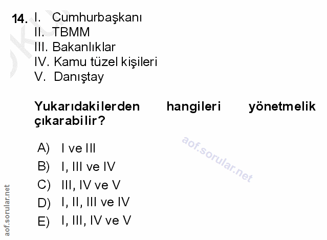 14. soru: 1. Cumhurbaşkanı II. TBMM IlI. Bakanlıklar IV. Kamu tüzel kişileri V. Danıştay Yukarıdakilerden hangileri yönetmelik…