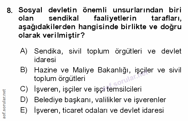 8. soru: Sosyal devletin önemli unsurlarından biri olan sendikal faaliyetlerin tarafları, aşağıdakilerden hangisinde birlikte…
