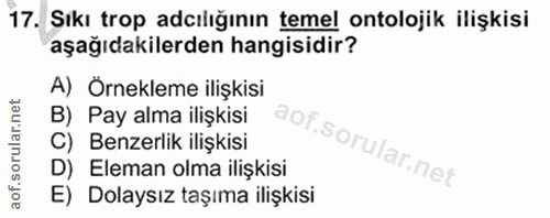 17. soru: Sıkı trop acılığının temel ontolojik ilişkisi aşağıdakilerden hangisidir? A) Örnekleme ilişkisi B) Pay alma ilişkisi…