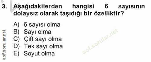 3. soru: Aşağıdakilerden hangisi 6 sayısının dolaysız olarak taşıdığı bir özelliktir? A) 6 sayısı olma B) Sayı olma C) Çift sa…