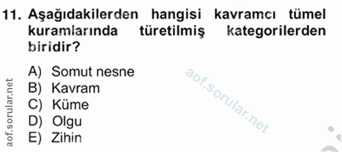 11. soru: Aşağıdakilerden hangisi kavramcı tümel kuramlarında türetilmiş kategorilerden biridir? A) Somut nesne B) Kavram C) Kü…