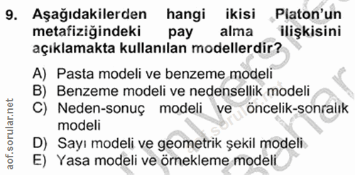 9. soru: Aşağıdakilerden hangi ikisi „Platon'un metafiziğindeki pay alma ilişkisini açıklamakta kullanılan modellerdir? A) Pas…
