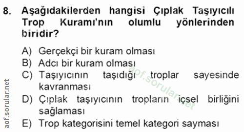 8. soru: Aşağıdakilerden hangisi Çıplak Taşıyıcılı Trop Kuramı'nın olumlu yönlerinden biridir? A) Gerçekçi bir kuram olması B)…