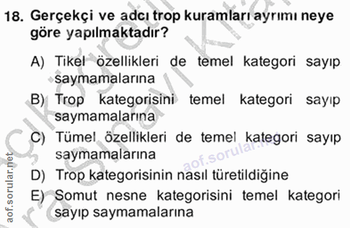 18. soru: Gerçekçi ve adeı trop kuramları ayrımı neye göre yapılmaktadır? A) Tikel özellikleri de temel kategori sayıp •saymama…