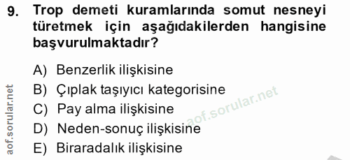 9. soru: Trop demeti kuramlarında somut nesneyi türetmek için aşağıdakilerden hangisine başvurulmaktadır? A) Benzerlik ilişkis…