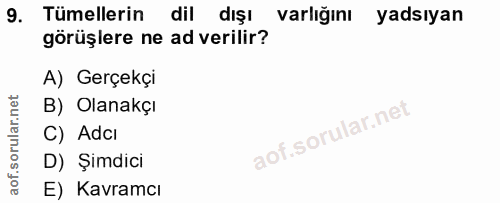 9. soru: Tümellerin dil dışı varlığını yadsıyan görüşlere ne ad verilir? A) Gerçekçi B) Olanakçı C) Adcı D) Şimdici E) Kavramcı