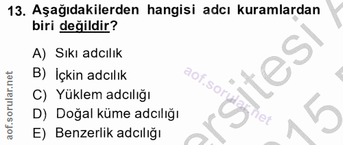 13. soru: Aşağıdakilerden hangisi adcı kuramlardan biri değildir? A) Sıkı adılık B) İçkin adcılık aof sorudos) C) Yüklem adılığ…