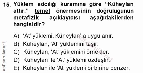 15. soru: Yüklem adılığı kuramına göre "Küheylan attır." temel önermesinin doğruluğunun metafizik açıklayıcısı aşağıdakilerden…
