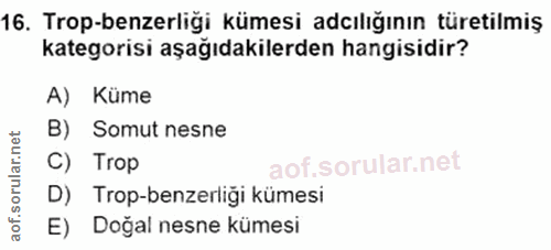 16. soru: Trop-benzerliği kümesi adılığının türetilmiş kategorisi aşağıdakilerden hangisidir? A) Küme B) Somut nesne C) Trop D)…