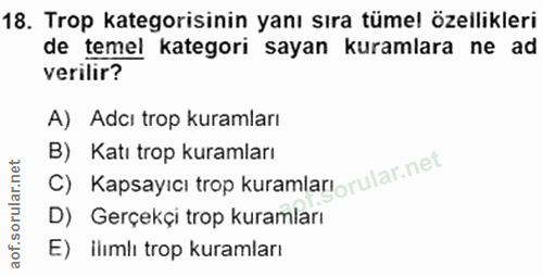 18. soru: Trop kategorisinin yanı sıra tümel özellikleri de temel kategori sayan kuramlara ne ad verilir? A) Adcı trop kuramlar…