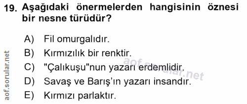 19. soru: Aşağıdaki önermelerden hangisinin öznesi bir nesne türüdür? A) Fil omurgalidır. B) Kırmızılık bir renktir. C) "Çalıku…