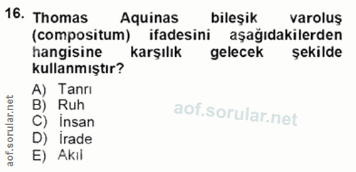 16. soru: Thomas Aquinas bileşik varoluş (compositum) ifadesini aşağıdakilerden hangisine karşılık gelecek şekilde kullanmıştır…