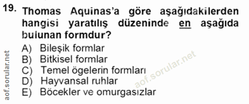 19. soru: Thomas Aquinas'a göre aşağıdakilerden hangisi yaratılış düzeninde en aşağıda bulunan formdur? A) Bileşik formlar B) B…