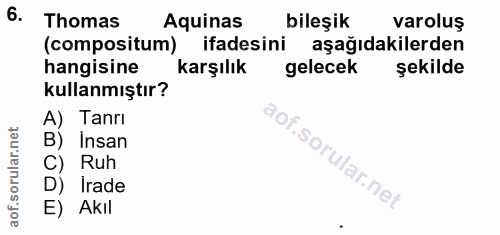 6. soru: Thomas Aquinas bileşik varoluş (compositum) ifadesini aşağıdakilerden hangisine karşılık gelecek şekilde kullanmıştır…