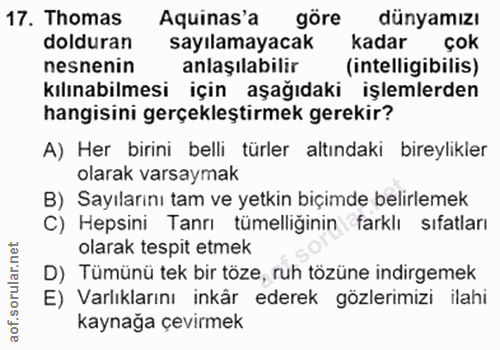 17. soru: Thomas Aquinas'a göre dünyamızı dolduran sayılamayacak kadar çok nesnenin anlaşılabilir (intelligibilis) kılınabilmes…
