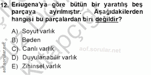 12. soru: Eriugena'ya göre bütün bir yaratılış beş parçaya ayrılmıştır. Aşağıdakilerden hangisi bu parçalardan biri değildir? A…