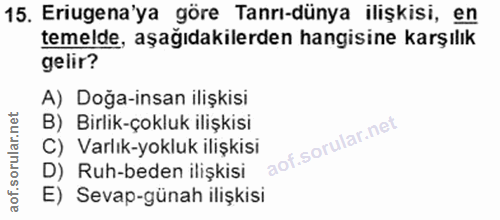 15. soru: Eriugena'ya göre Tanrı-dünya ilişkisi, en temelde, aşağıdakilerden hangisine karşılık gelir? A) Doga-insan ilişkisi B…
