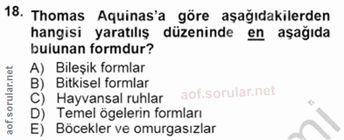 18. soru: Thomas Aquinas'a göre aşağıdakilerden hangisi yaratılış düzeninde en aşağıda bulunan formdur? A) Bileşik formlar B) B…
