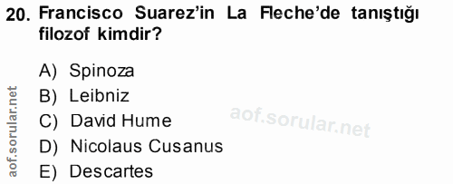 20. soru: Francisco Suarez'in La Fleche'de tanıştığı filozof kimdir? A) Spinoza B) Leibniz C) David Hume D) Nicolaus Cusanus E)…