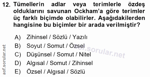 12. soru: Tümellerin adlar veya terimlerle özdeş olduklarını savunan Ockham'a göre terimler üç farklı biçimde olabilirler. Aşağ…