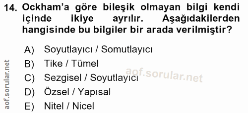 14. soru: Ockham'a göre bileşik olmayan bilgi kendi içinde ikiye ayrilir. Aşağıdakilerden hangisinde bu bilgiler bir arada veri…