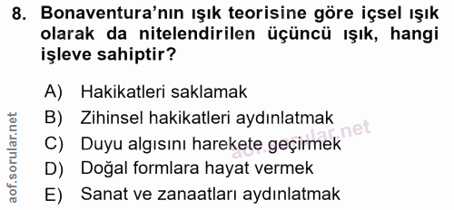 8. soru: Bonaventura'nın ışık teorisine göre içsel ışık olarak da nitelendirilen üçüncü ışık, hangi işleve sahiptir? A) Hakika…