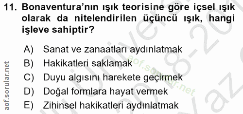11. soru: Bonaventura'nın ışık teorisine göre içsel ışık olarak da nitelendirilen üçüncü ışık, hangi işleve sahiptir? A) Sanat…