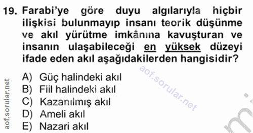 19. soru: Farabi'ye göre duyu algılarıyla hiçbir ilişkisi bulunmayıp insanı teorik düşünme ve akıl yürütme imkânına kavuşturan…