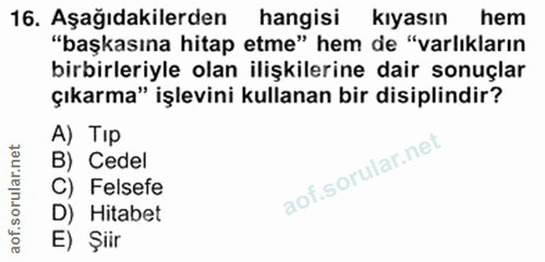 16. soru: Aşağıdakilerden hangisi kıyasın hem "başkasına hitap etme" hem de "varlıkların birbirleriyle olan ilişkilerine dair s…