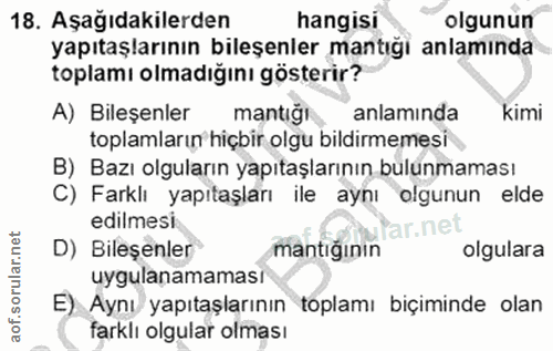 18. soru: Aşağıdakilerden hangisi olgunun yapıtaşlarının bileşenler mantığı anlamında toplamı olmadığını gösterir? A) Bileşenle…